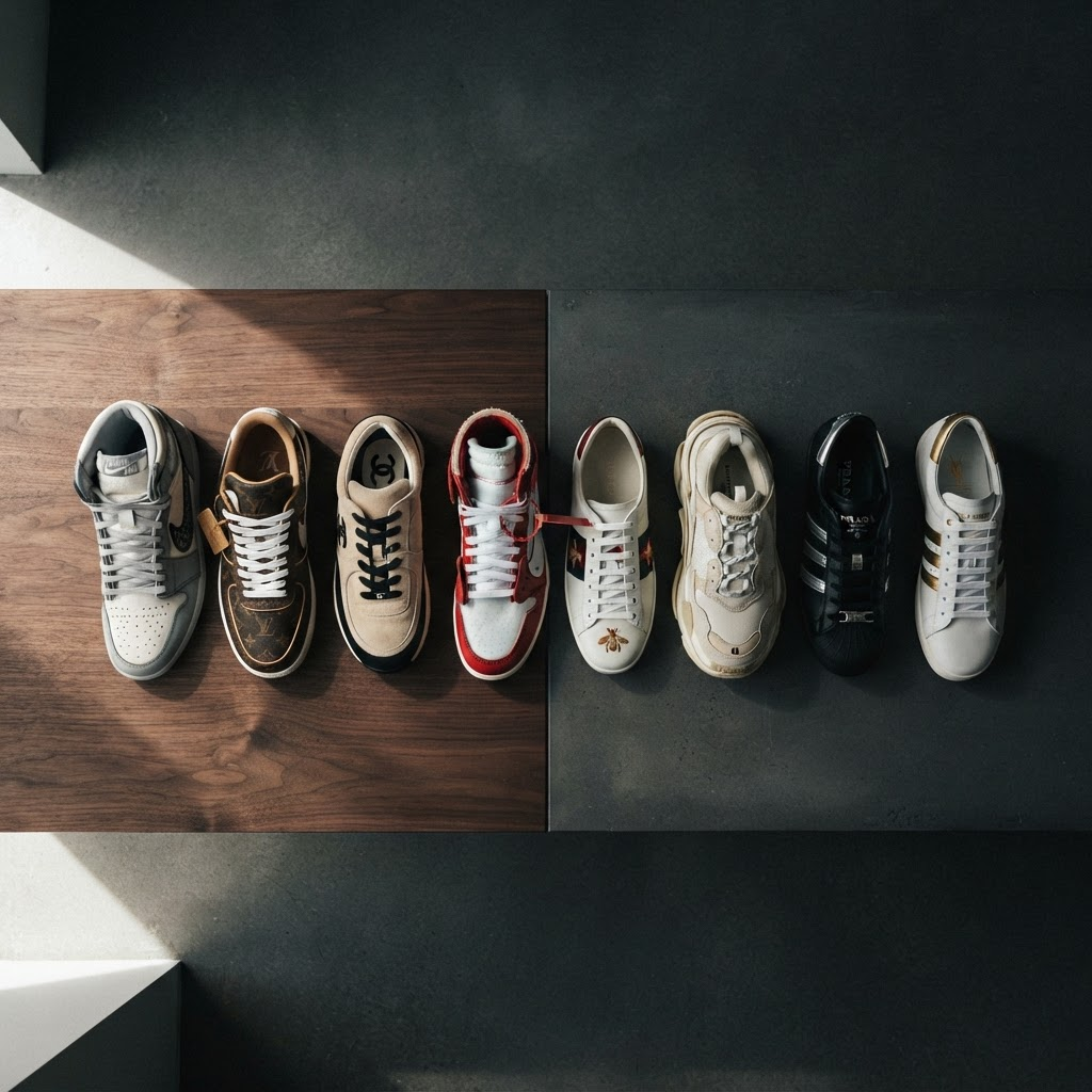 A curated collection of luxury sneakers arranged for concierge care