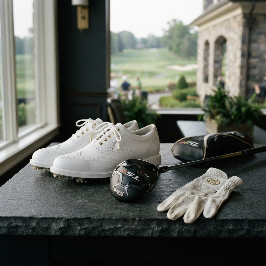 Pristine white golf shoes beside luxury golf equipment