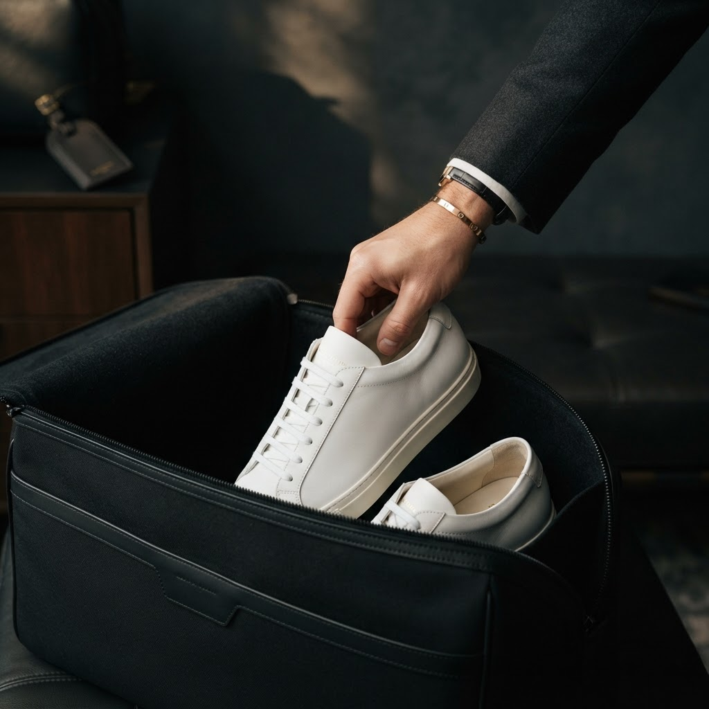 A pair of luxury sneakers being placed into a black concierge transport bag